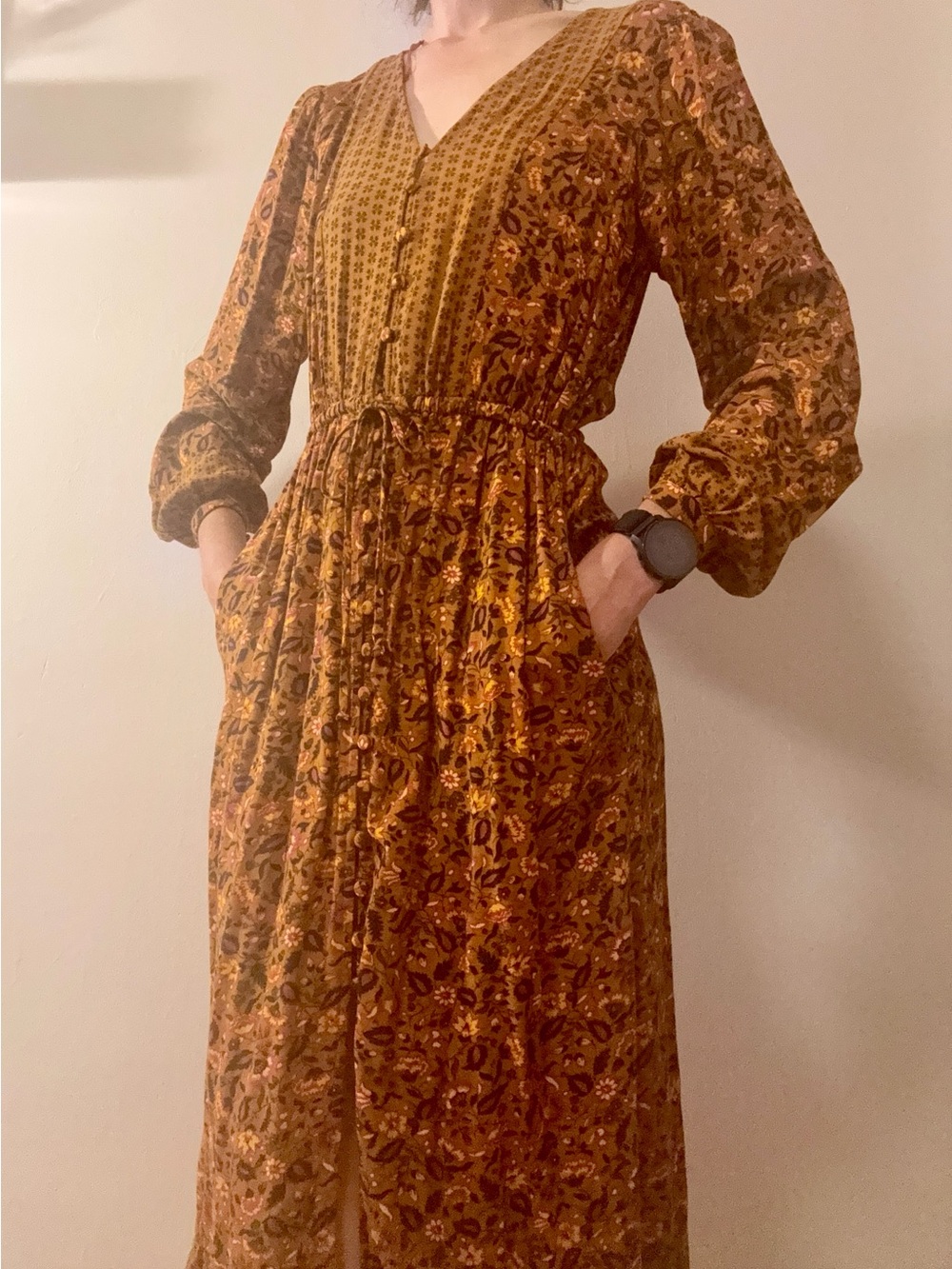 Knox Rose Rust Floral Button-Front Long Sleeve Midi Dress